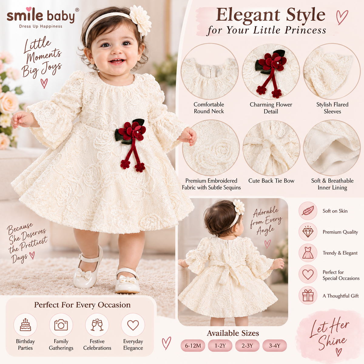 JUST TOTS cream baby girl frock A+ content featuring floral embroidery and elegant design