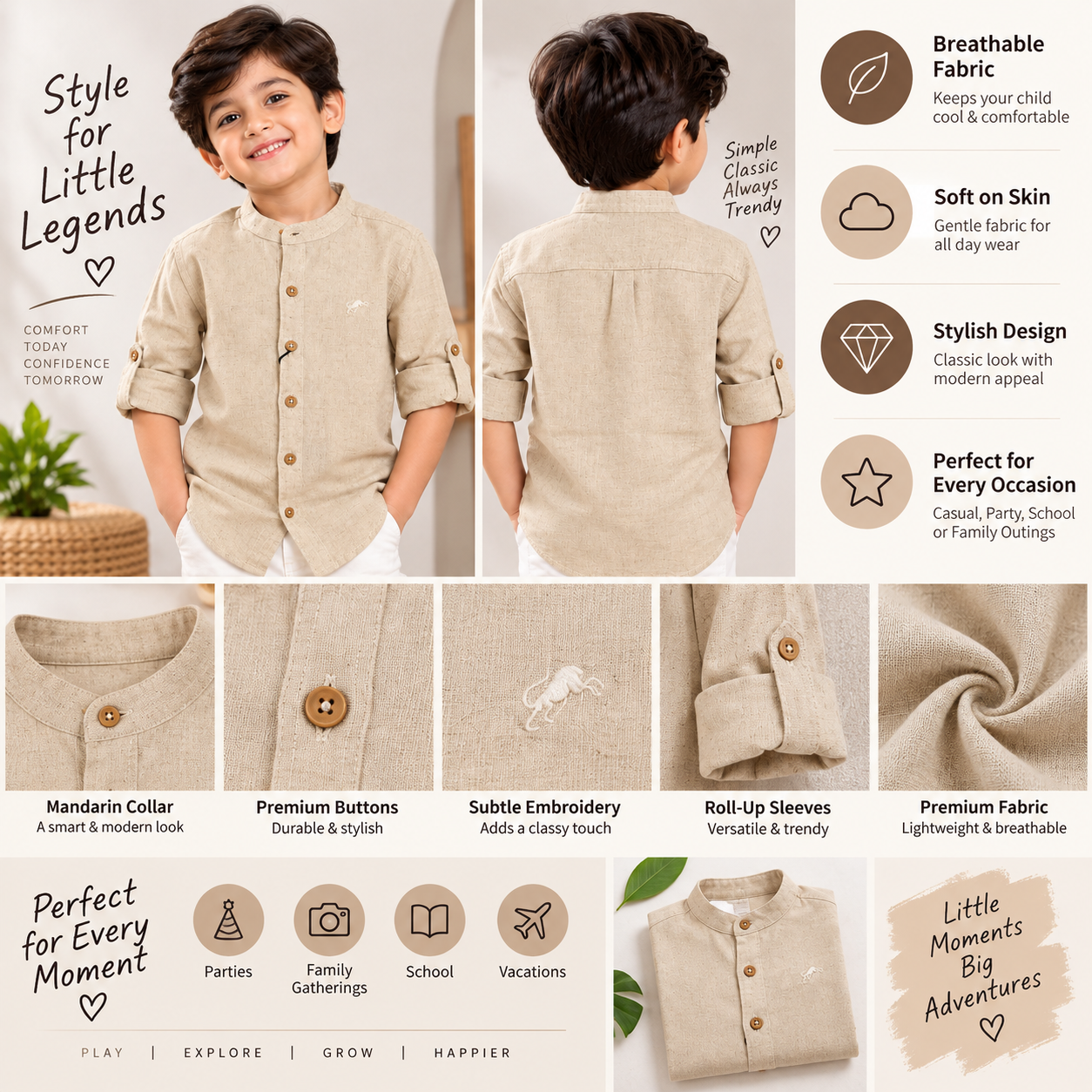 Smile Baby boys mandarin collar shirt A+ product infographic in beige