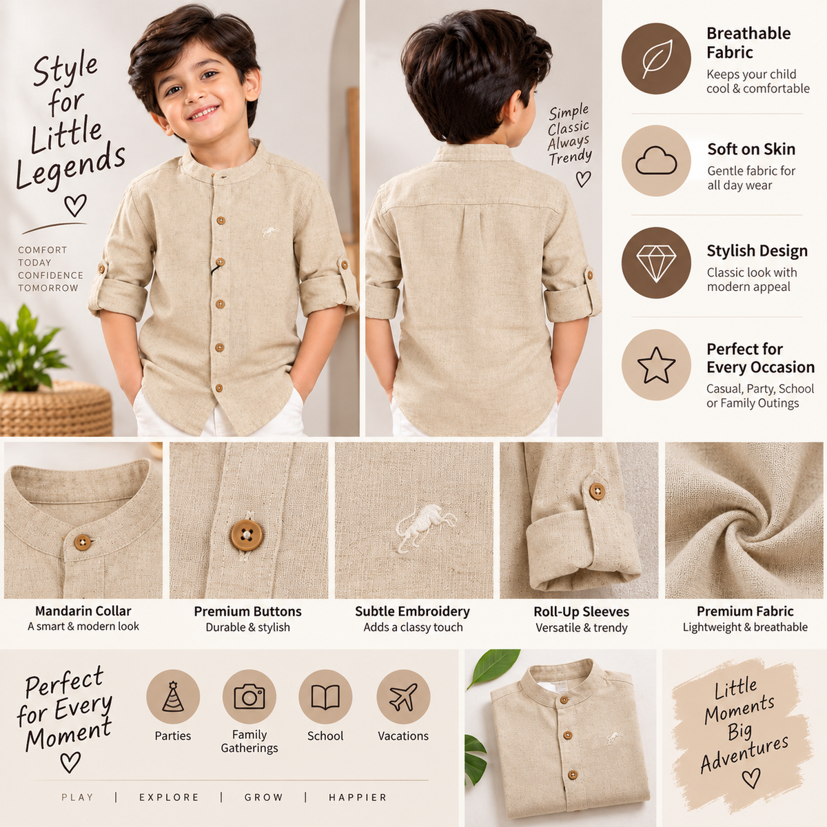 Smile Baby boys mandarin collar shirt A+ product infographic in beige