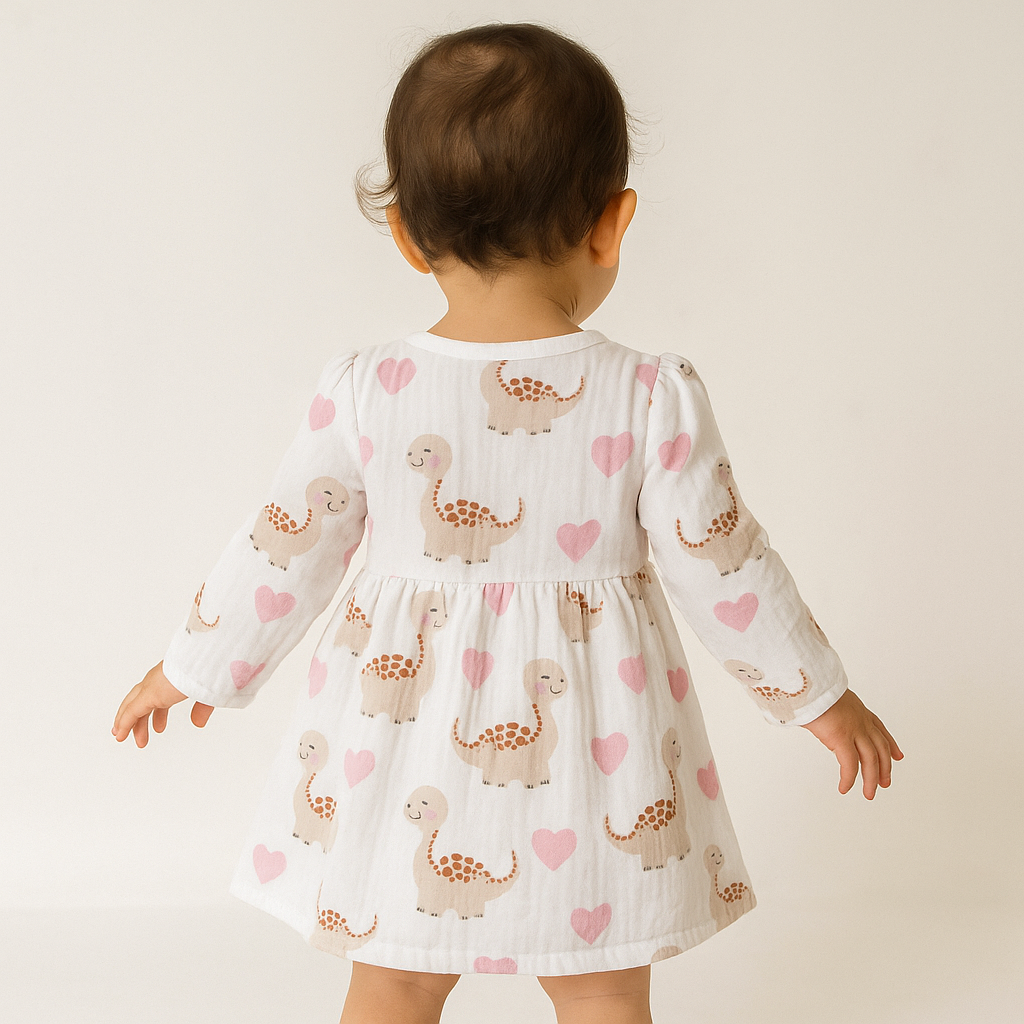Smile Baby Cream Dinosaur & Hearts Print Cotton Dress for Girls (0–3 Years)