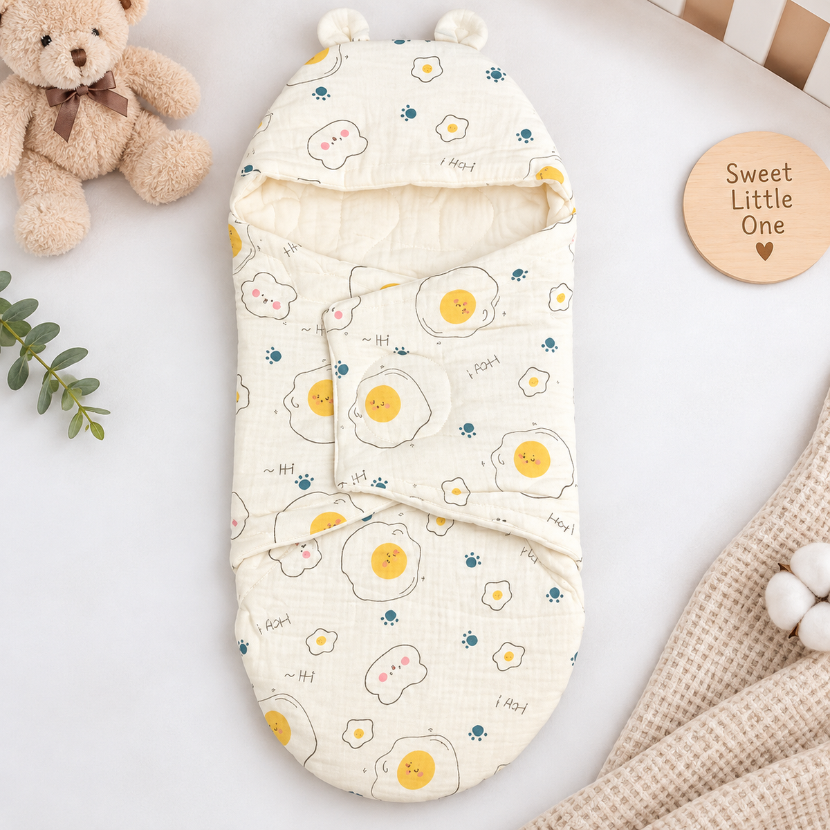 SMILE BABY Newborn Muslin Swaddle Sleeping Bag – Cream Hey Teddy Print Baby Wrap with Hood 