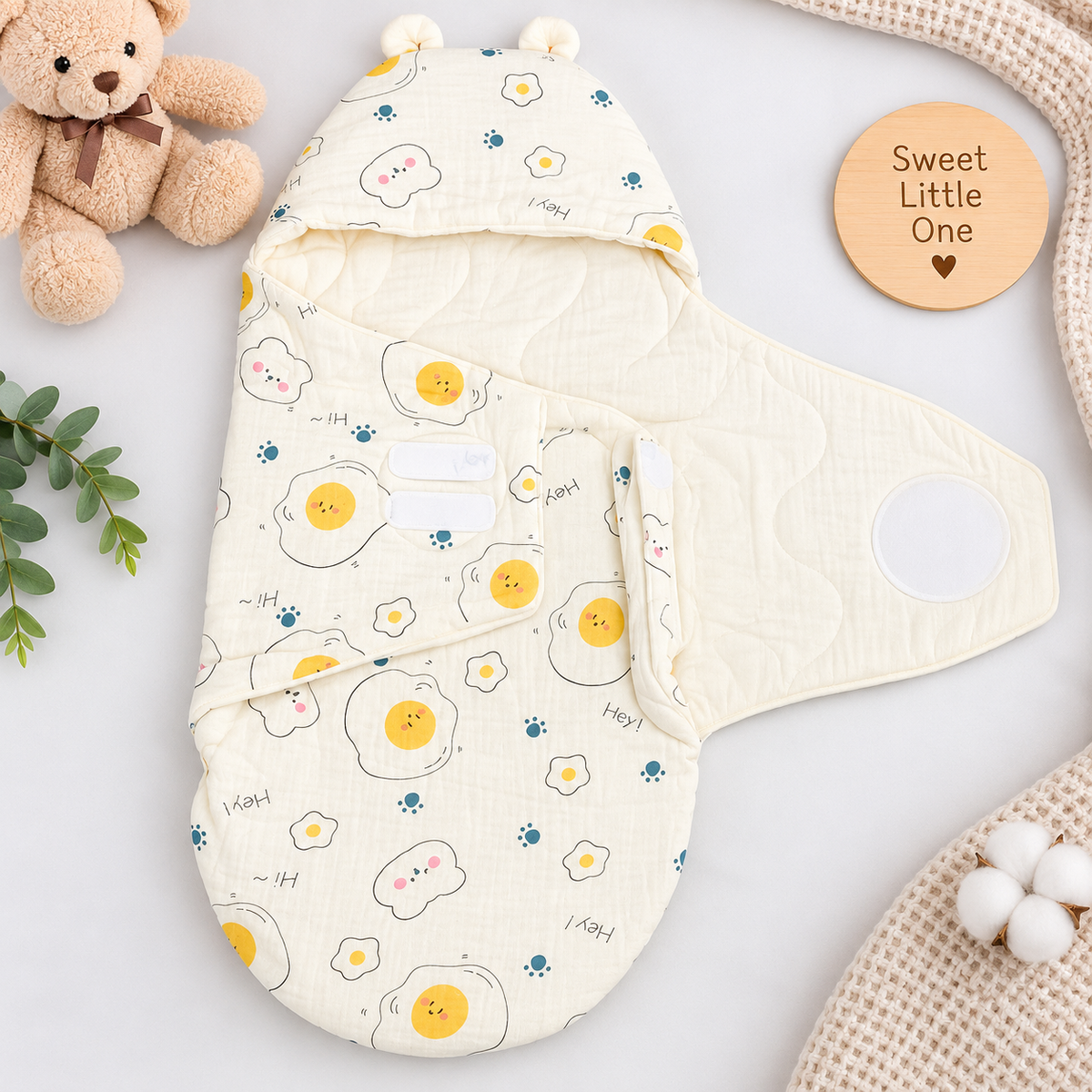 SMILE BABY Newborn Muslin Swaddle Sleeping Bag – Cream Hey Teddy Print Baby Wrap with Hood 