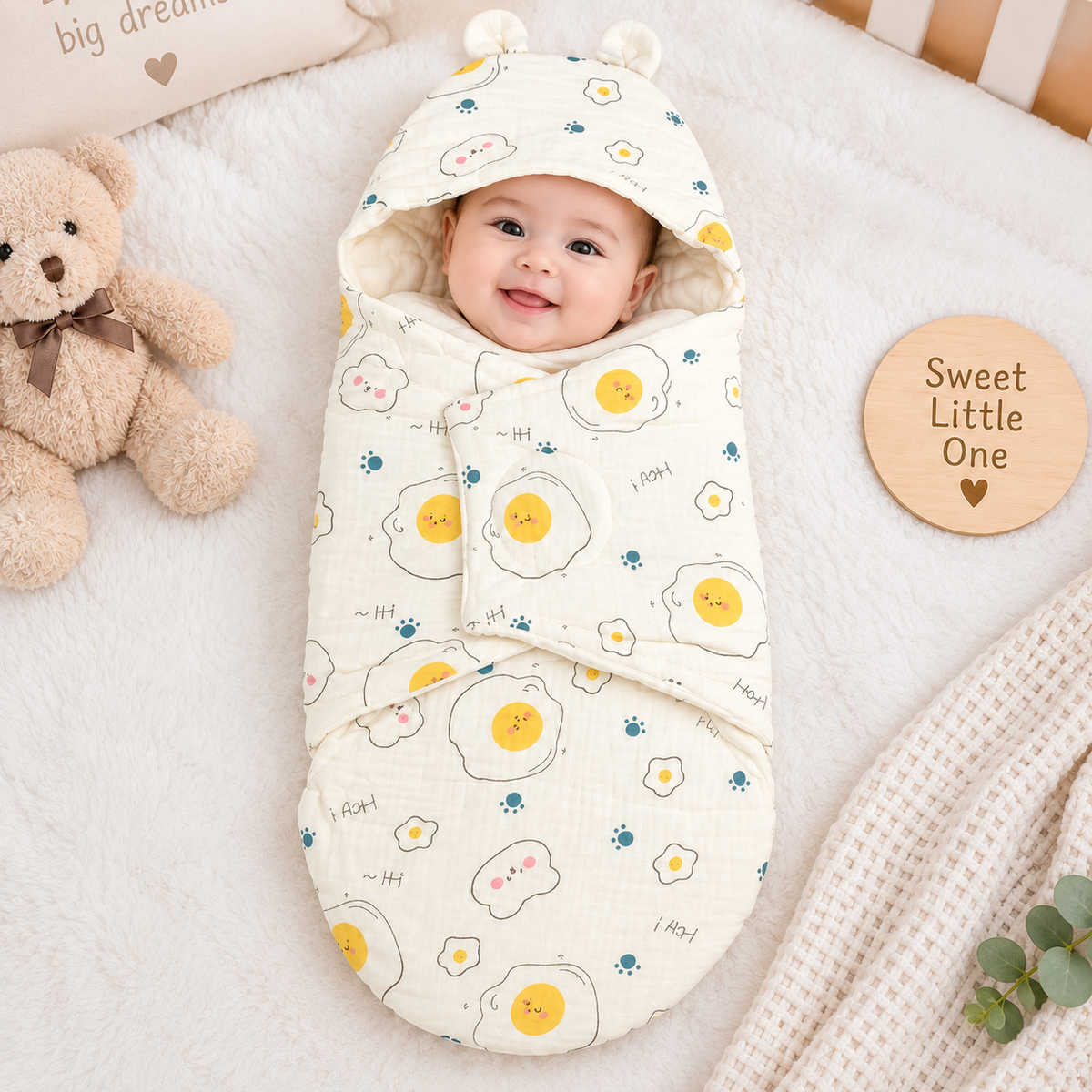 SMILE BABY Newborn Muslin Swaddle Sleeping Bag – Cream Hey Teddy Print Baby Wrap with Hood 