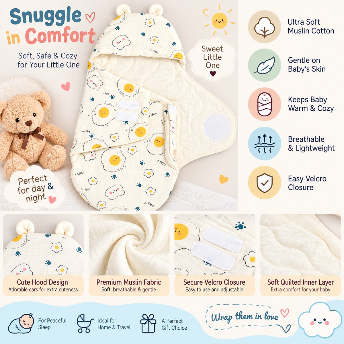 SMILE BABY Newborn Muslin Swaddle Sleeping Bag – Cream Hey Teddy Print Baby Wrap with Hood 