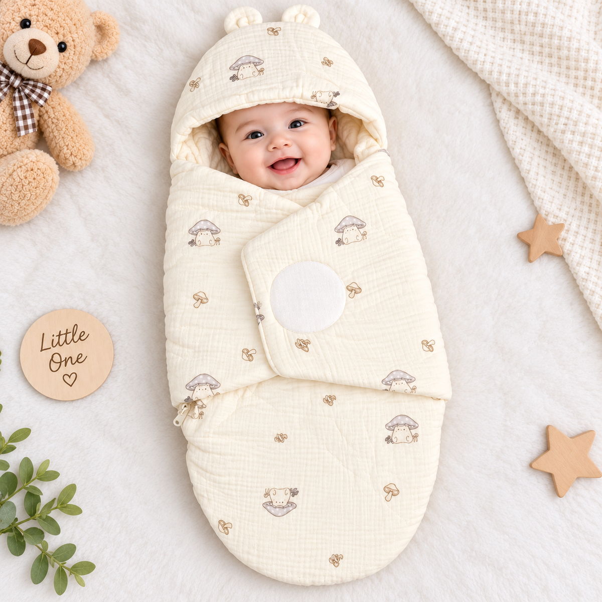 SMILE BABY Newborn Muslin Swaddle Sleeping Bag – Cream Blue Mushroom Print Baby Wrap with Hood 