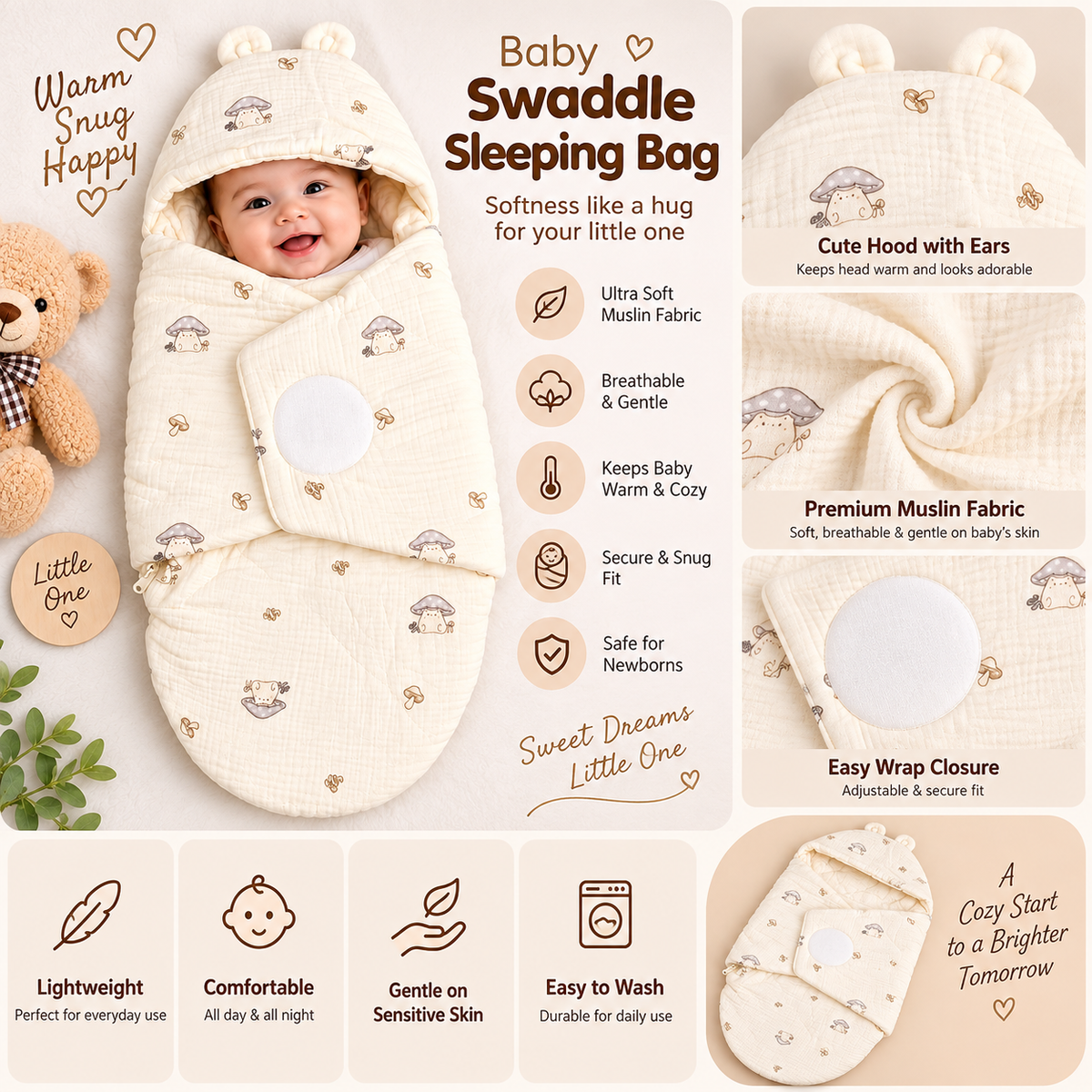 SMILE BABY Newborn Muslin Swaddle Sleeping Bag – Cream Blue Mushroom Print Baby Wrap with Hood 
