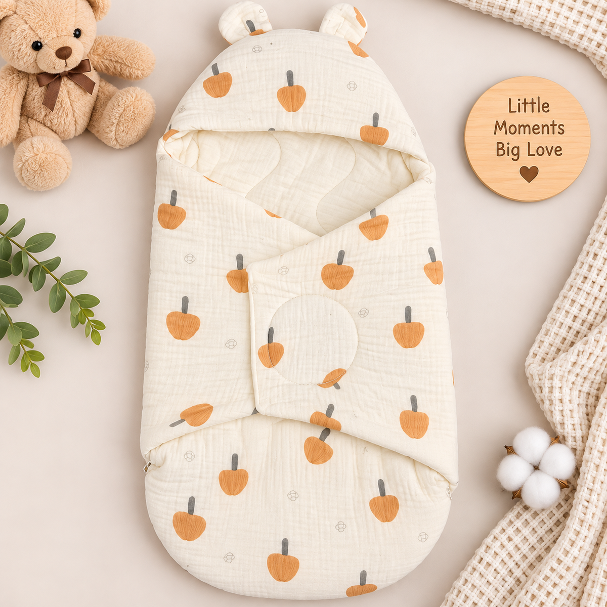 SMILE BABY Newborn Muslin Swaddle Sleeping Bag with Hood & Ears – Cream Baby Wrap 