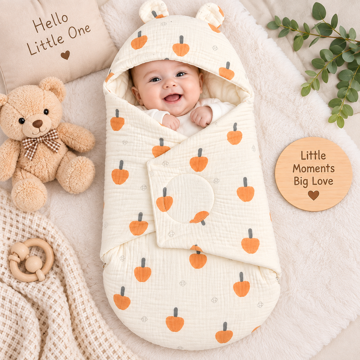 SMILE BABY Newborn Muslin Swaddle Sleeping Bag with Hood & Ears – Cream Baby Wrap 