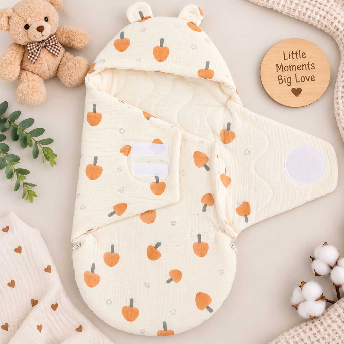 SMILE BABY Newborn Muslin Swaddle Sleeping Bag with Hood & Ears – Cream Baby Wrap 