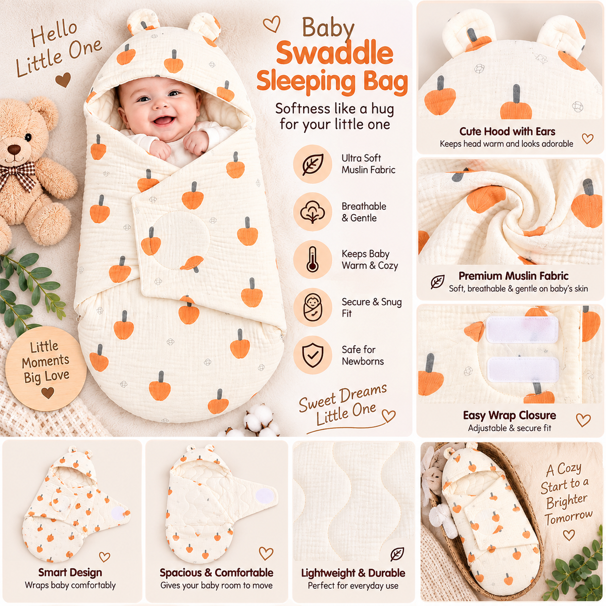 SMILE BABY Newborn Muslin Swaddle Sleeping Bag with Hood & Ears – Cream Baby Wrap 