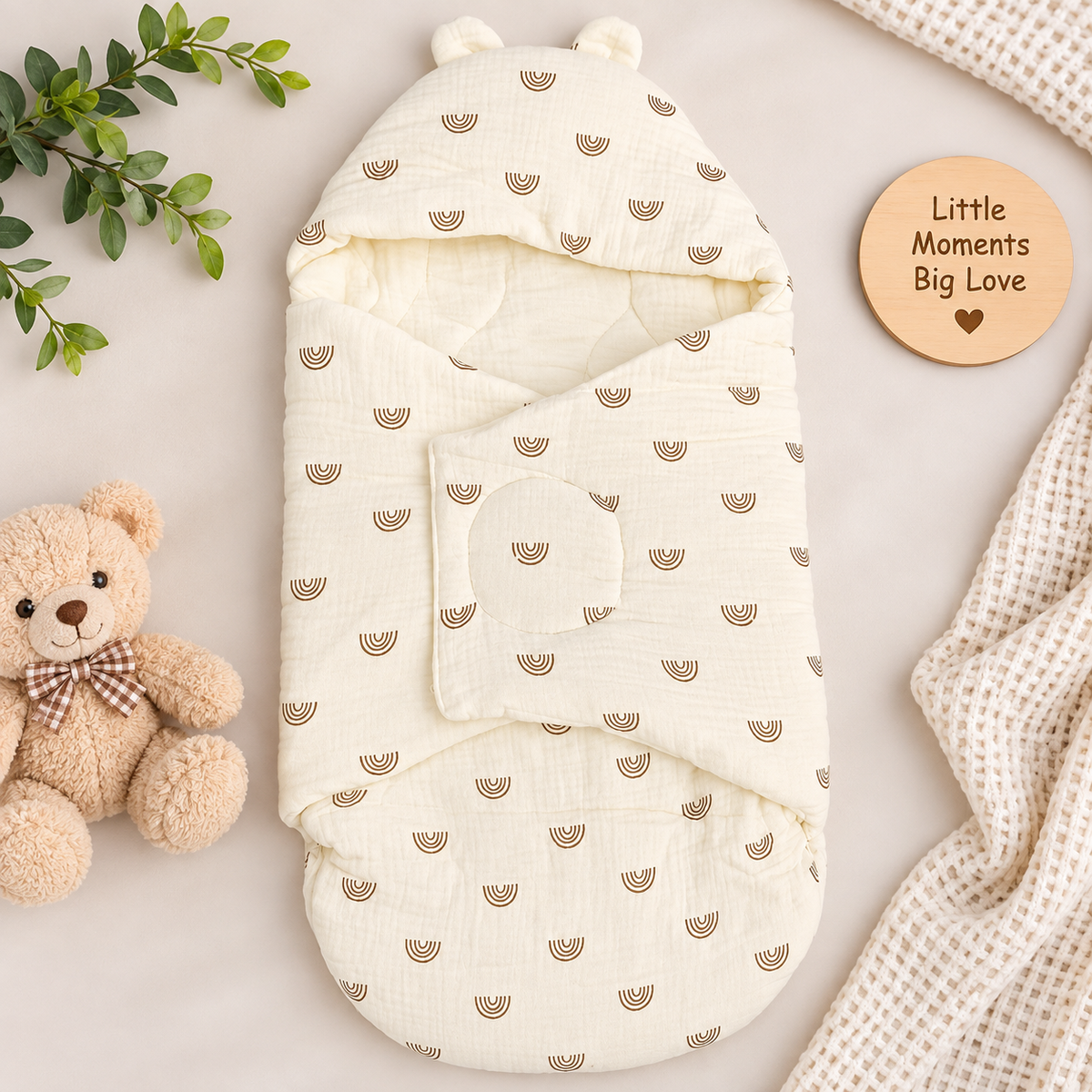 SMILE BABY Newborn Muslin Swaddle Sleeping Bag – Cream Rainbow Print Baby Wrap with Hood & Ears 