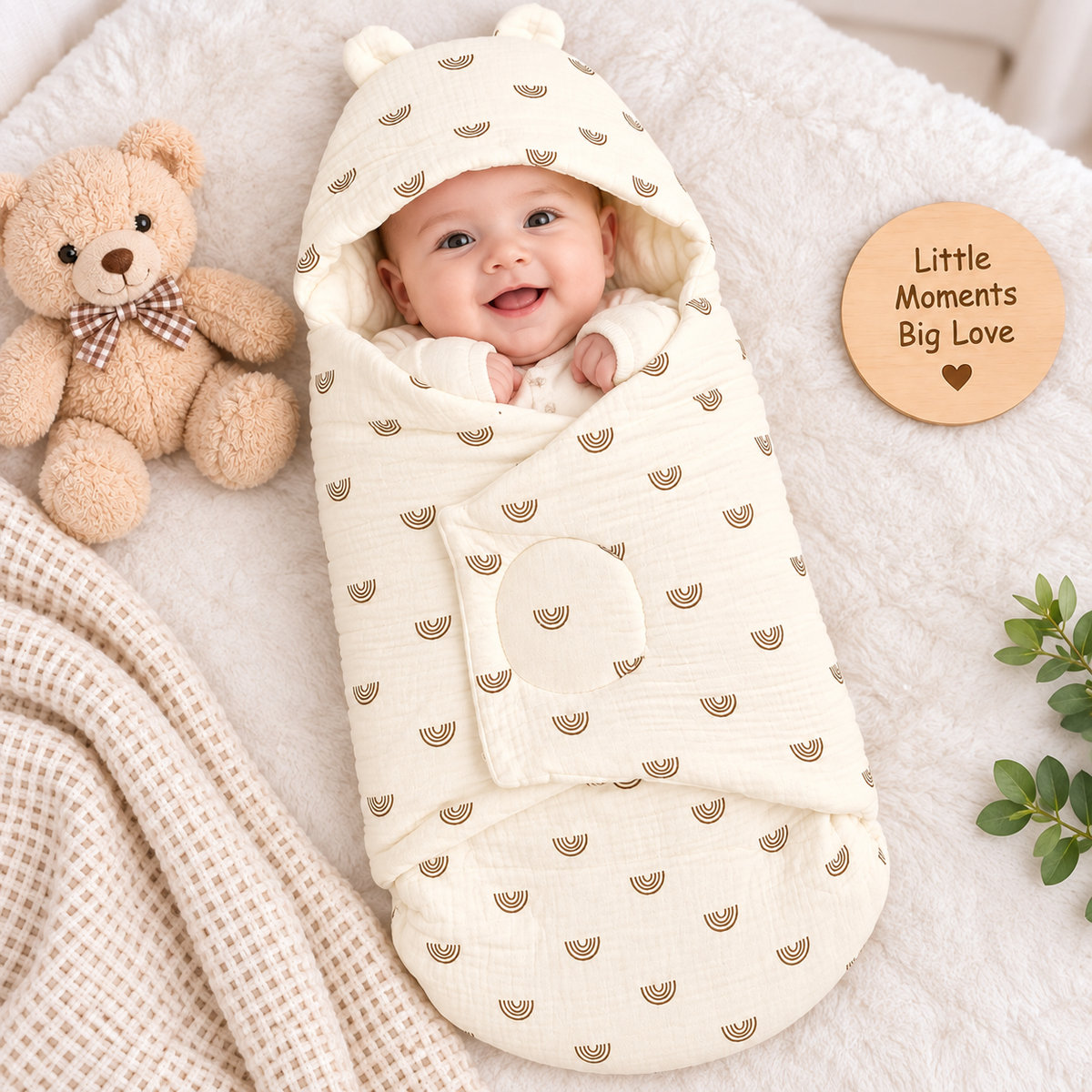 SMILE BABY Newborn Muslin Swaddle Sleeping Bag – Cream Rainbow Print Baby Wrap with Hood & Ears 