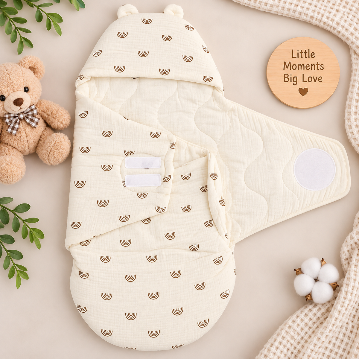 SMILE BABY Newborn Muslin Swaddle Sleeping Bag – Cream Rainbow Print Baby Wrap with Hood & Ears 