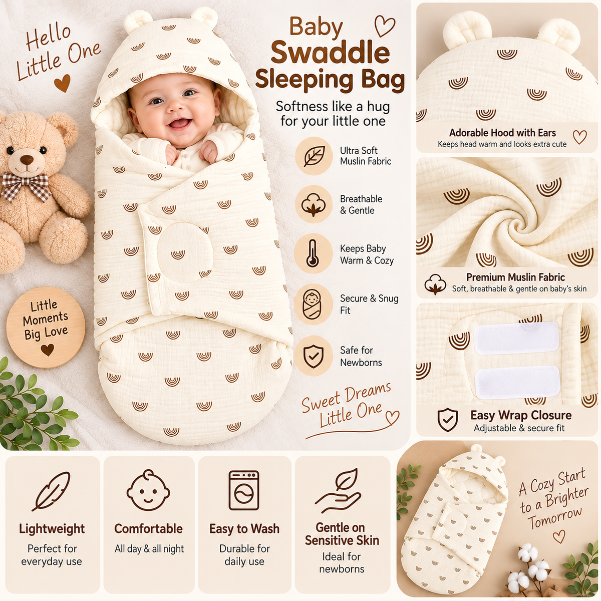 SMILE BABY Newborn Muslin Swaddle Sleeping Bag – Cream Rainbow Print Baby Wrap with Hood & Ears 