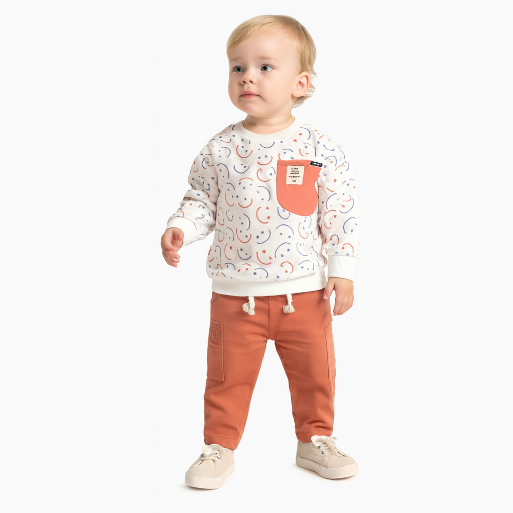 Smile Baby Boys Sweatshirt with Cargo Pants Set – Olive & Rust | 0-3 Years
