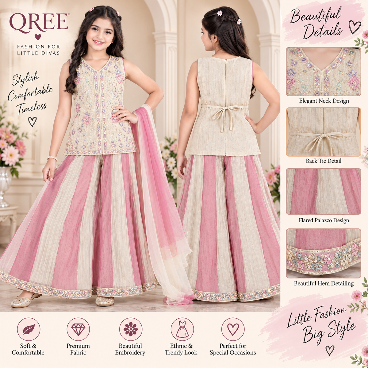 QREE Girls Ethnic Embroidered Palazzo Set with Dupatta | Party Wear Dress for Girls 4-14 Years 