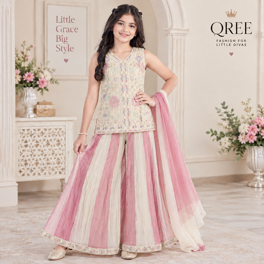 QREE Girls Ethnic Embroidered Palazzo Set with Dupatta | Party Wear Dress for Girls 4-14 Years 