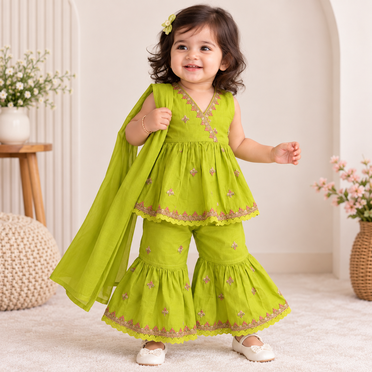 Green Girls Sharara Set | Embroidered Ethnic Wear | SMILE BABY | 3M TO 18M 