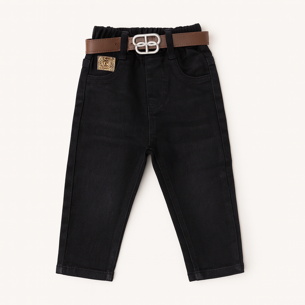Smile Baby BOYS Black Denim Jeans with Belt – Stylish & Comfortable Bottom Wear (2–7Y)