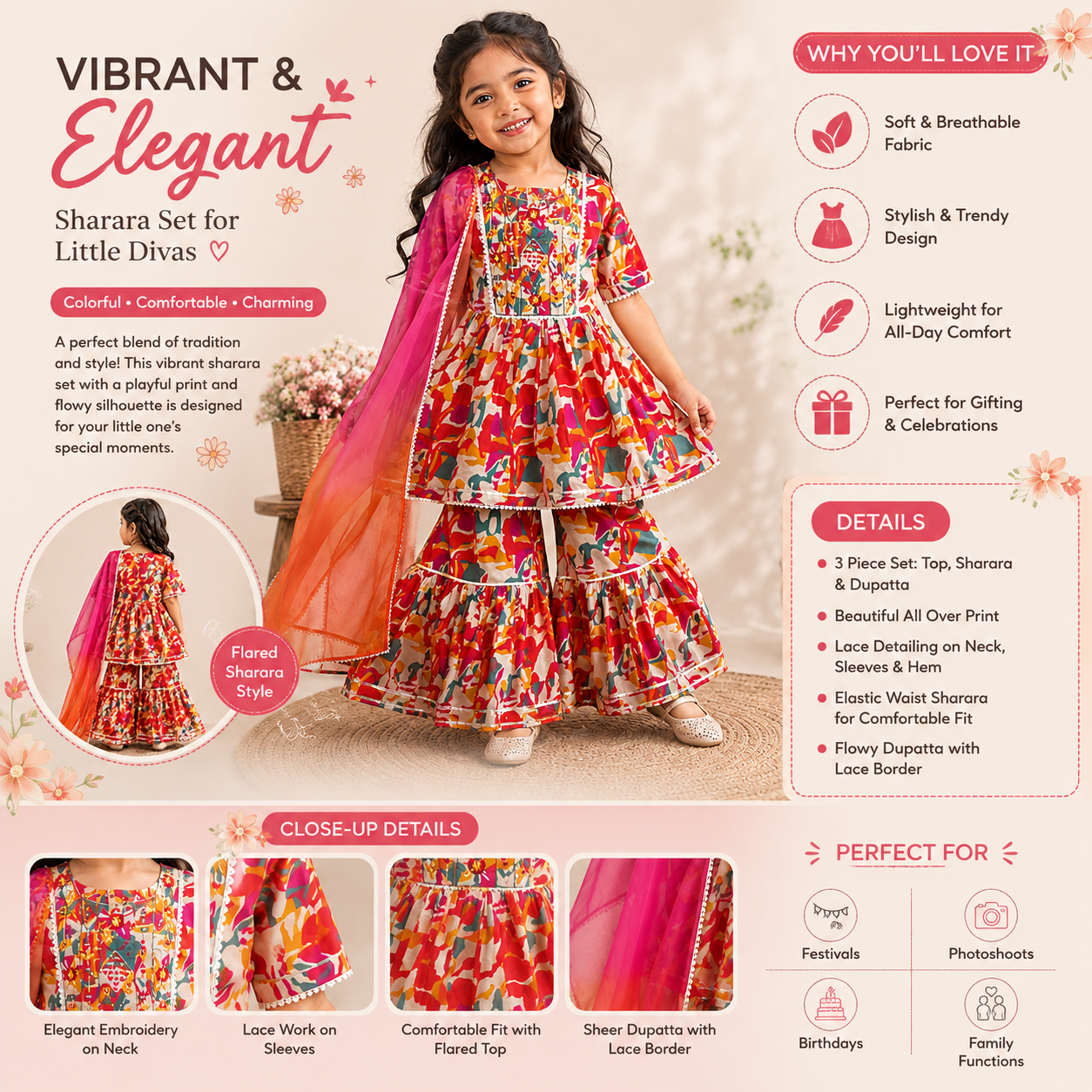 ORKIDS girls orange floral printed sharara set with dupatta product infographic