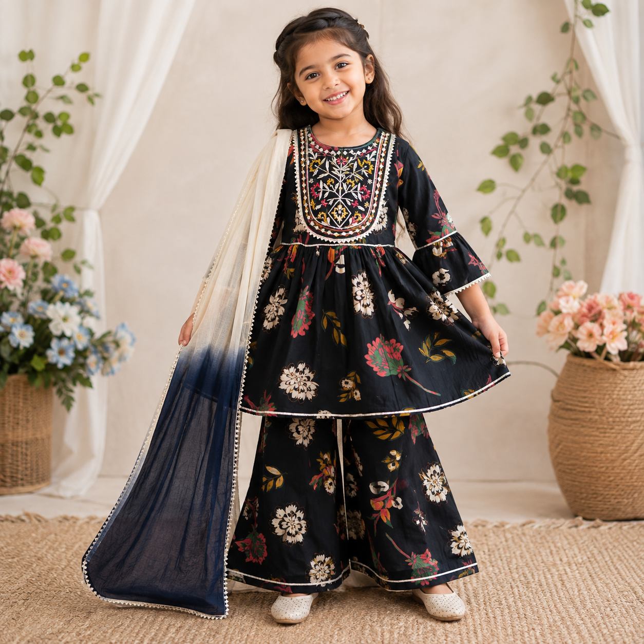 ORKIDS girls blue floral embroidered kurta palazzo set with ombre dupatta front view