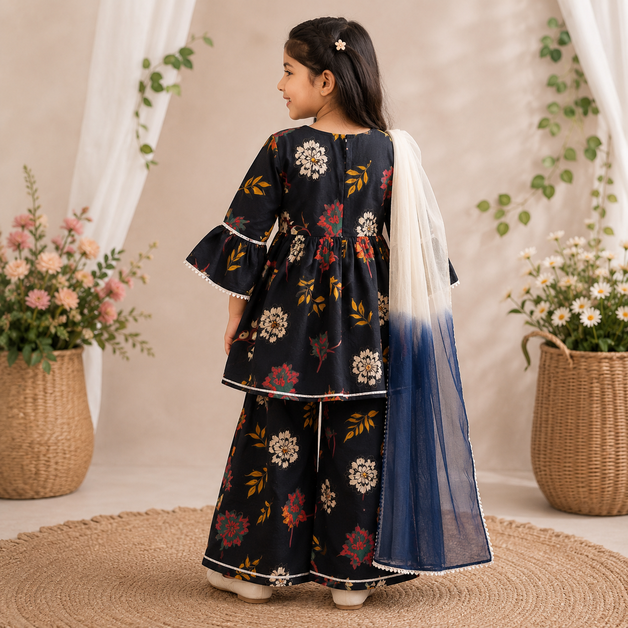 ORKIDS girls blue floral printed kurta palazzo set with dupatta back view
