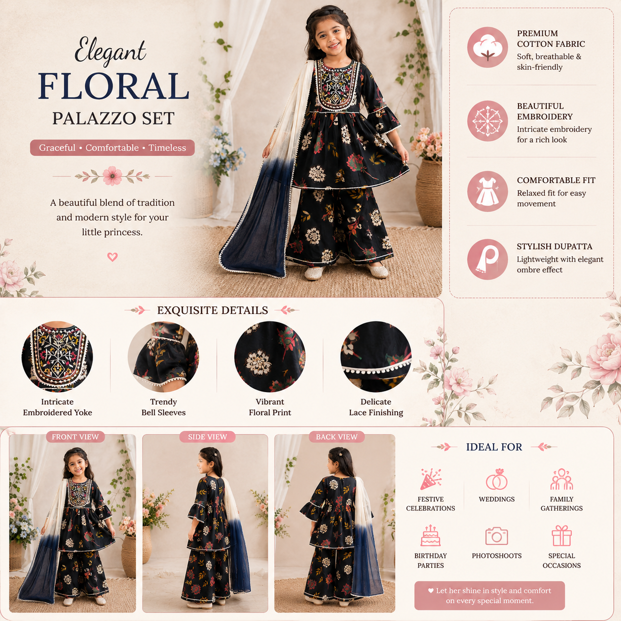 ORKIDS girls blue floral embroidered palazzo set with dupatta product infographic