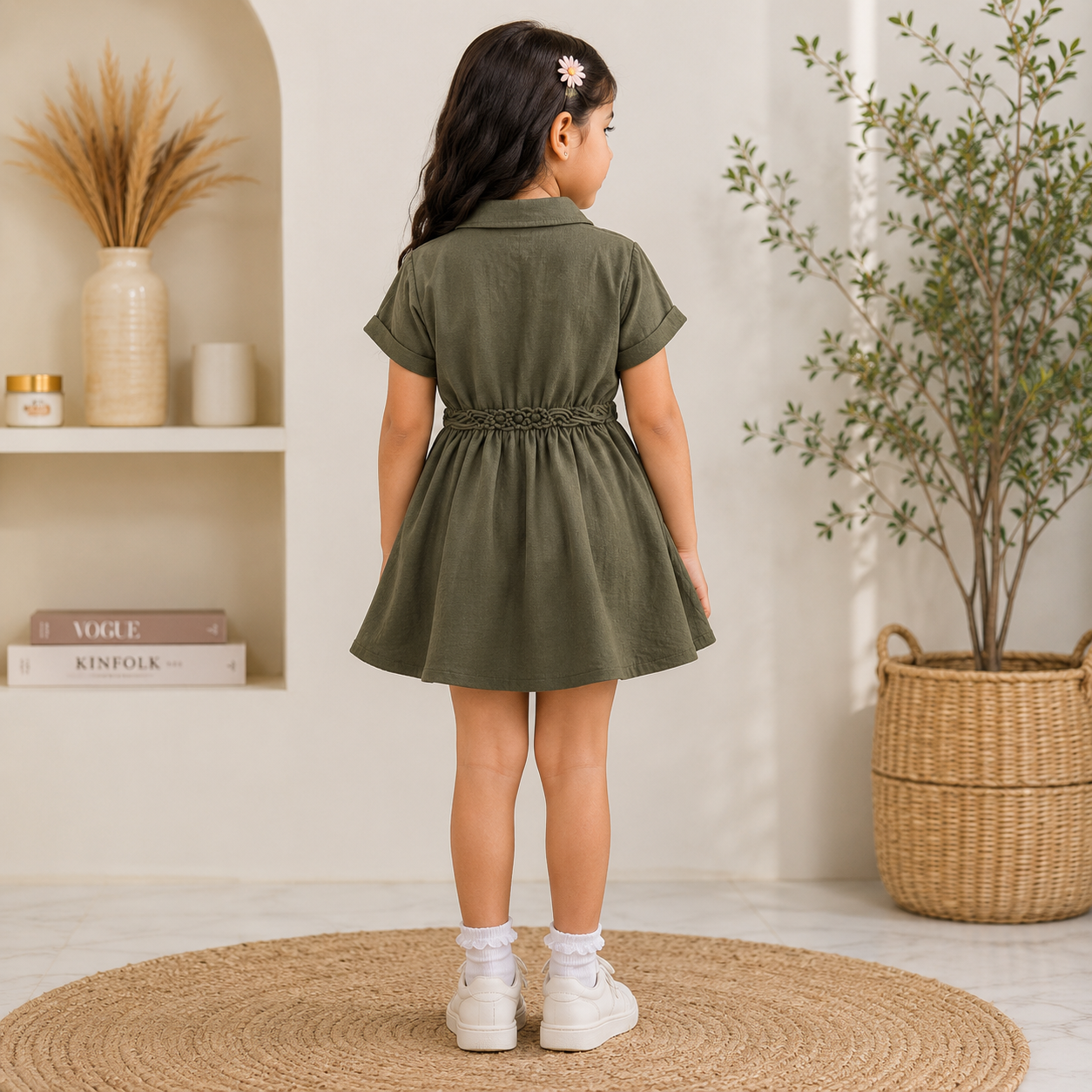 LEO N BABES Girls Green Midi Dress | Stylish Collared Shirt Dress with Adjustable Waist | 18 Months to 12 Years