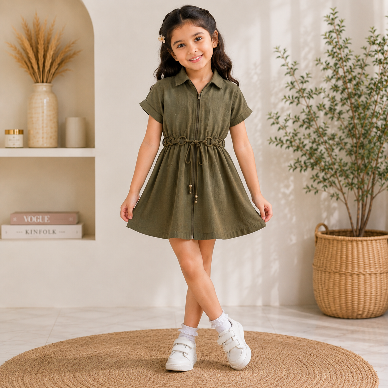 LEO N BABES Girls Green Midi Dress | Stylish Collared Shirt Dress with Adjustable Waist | 18 Months to 12 Years