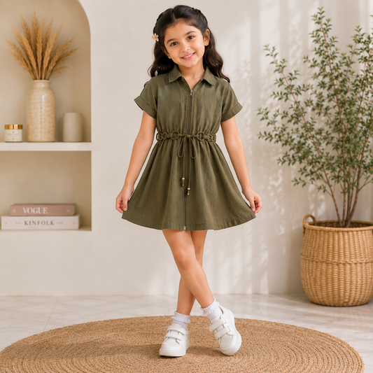 LEO N BABES Girls Green Midi Dress | Stylish Collared Shirt Dress with Adjustable Waist | 18 Months to 12 Years