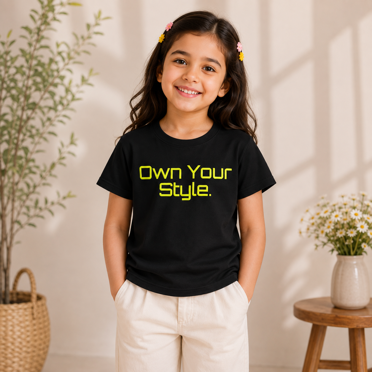 Reverse X-Treme girls black T-shirt with neon yellow “Own Your Style.” graphic print, styled with cream trousers