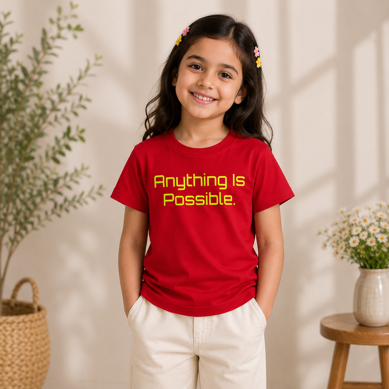 Reverse X-treme girls red T-shirt with neon yellow “Anything Is Possible.” graphic print, styled with cream trousers