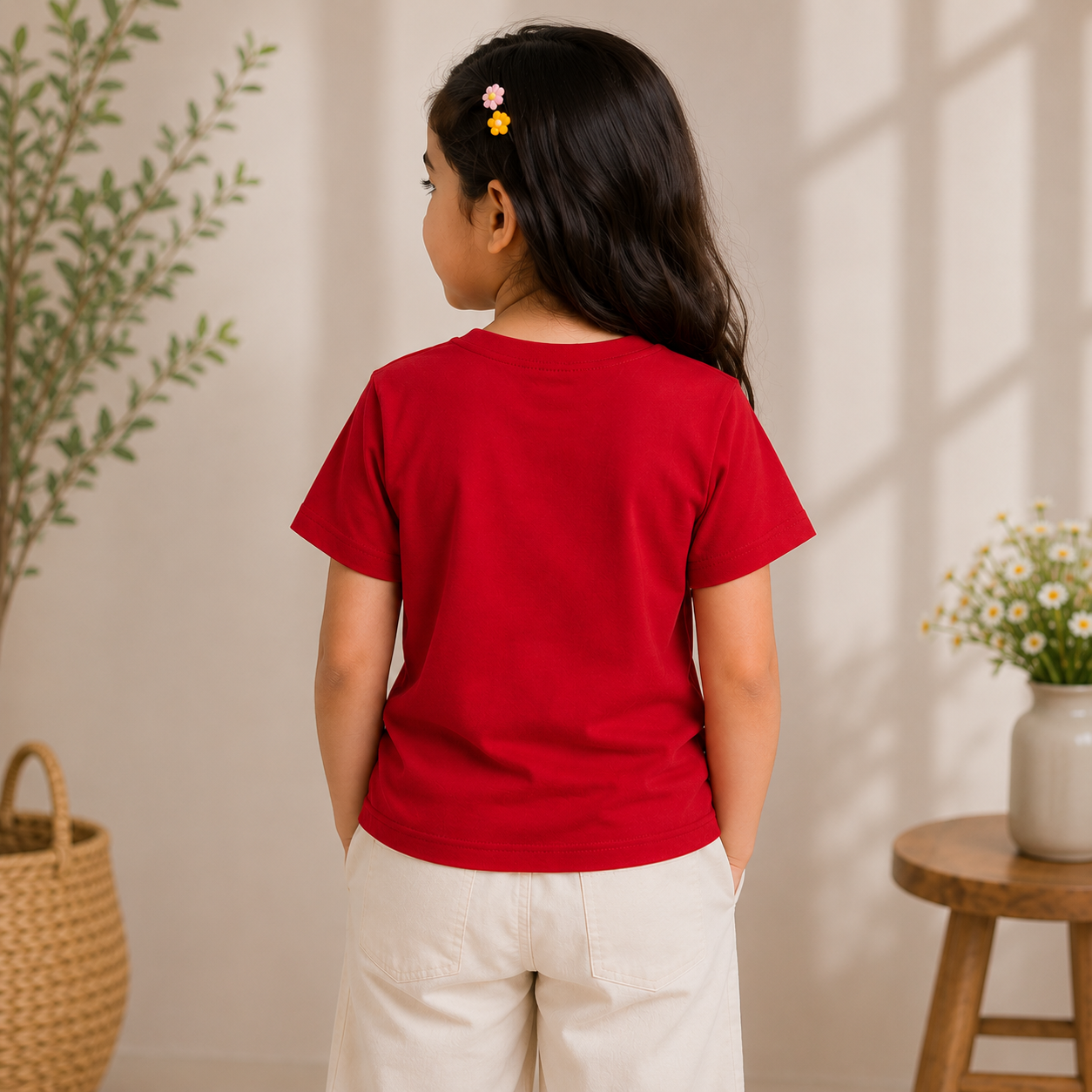 Reverse X-treme girls red short sleeve T-shirt back view showing the plain back, round neck and clean stitching details