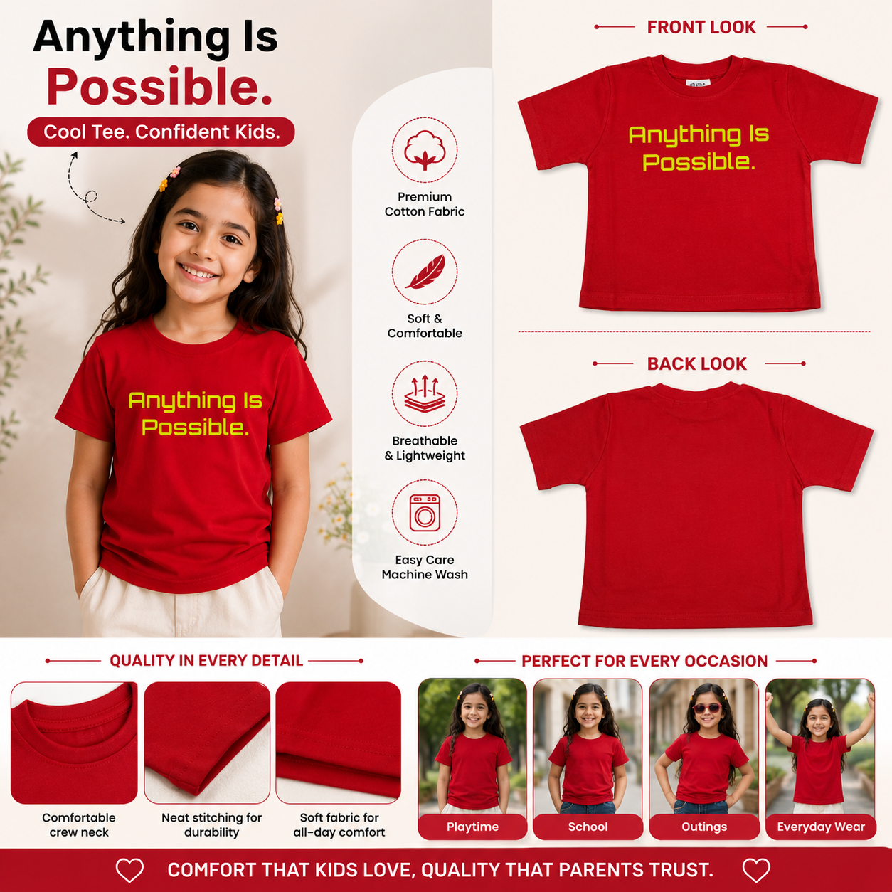 Reverse X-treme girls red T-shirt product infographic showing front and back views, comfort features, stitching details and everyday styling