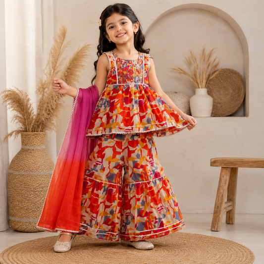 ORKIDS girls orange floral embroidered flared top palazzo set with dupatta front view