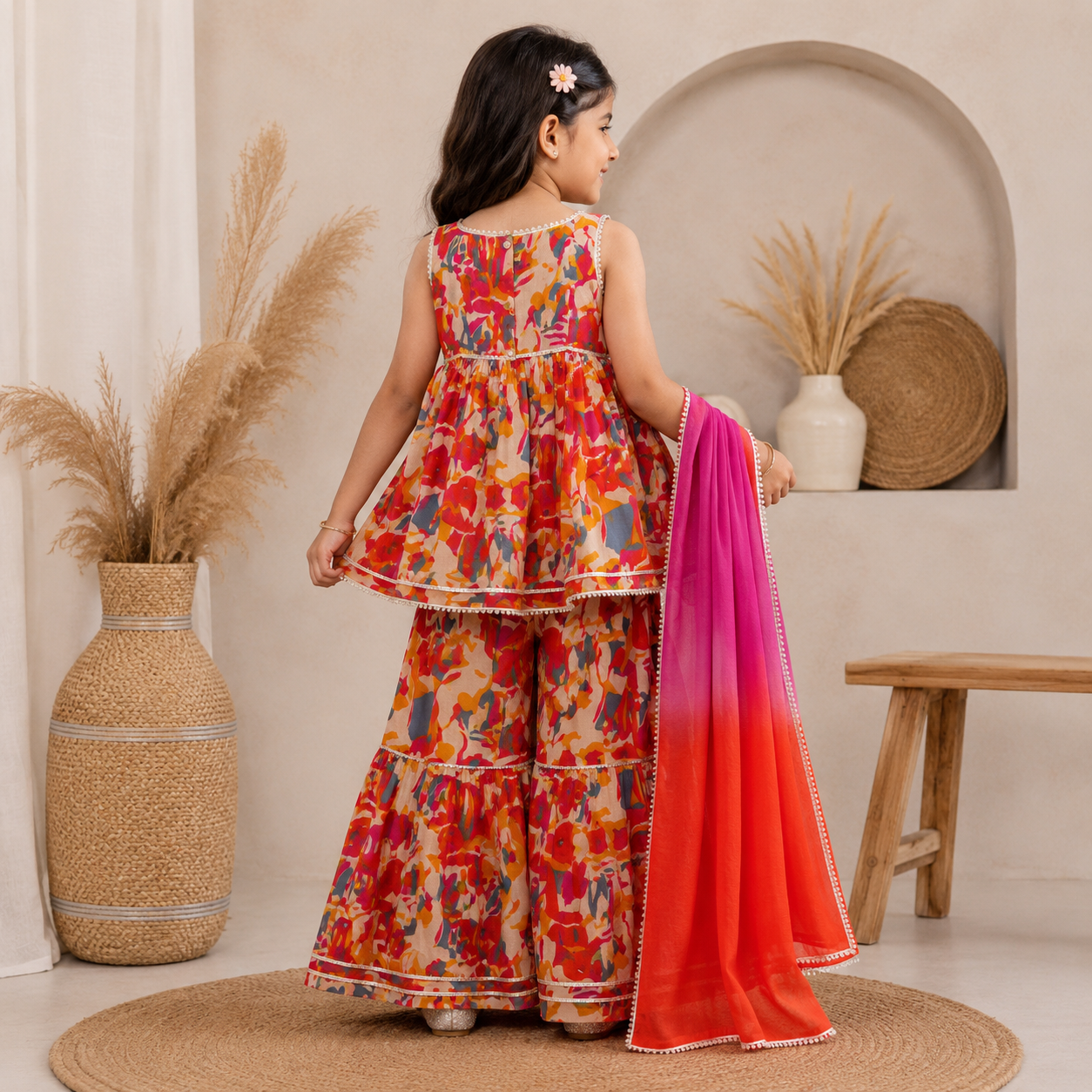 ORKIDS girls orange floral printed palazzo set with pink orange ombre dupatta back view