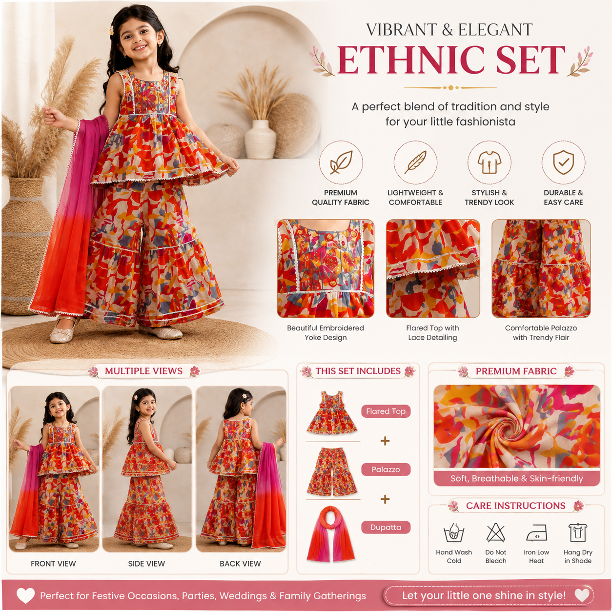 ORKIDS girls orange floral ethnic palazzo set with dupatta product infographic