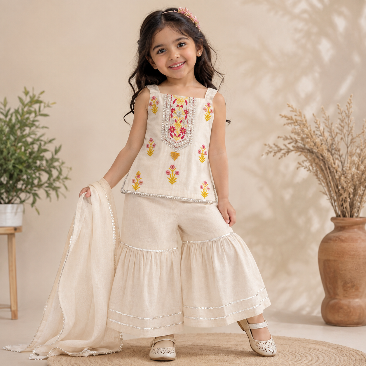 ORKIDS girls yellow embroidered ethnic kurta palazzo set with dupatta front view