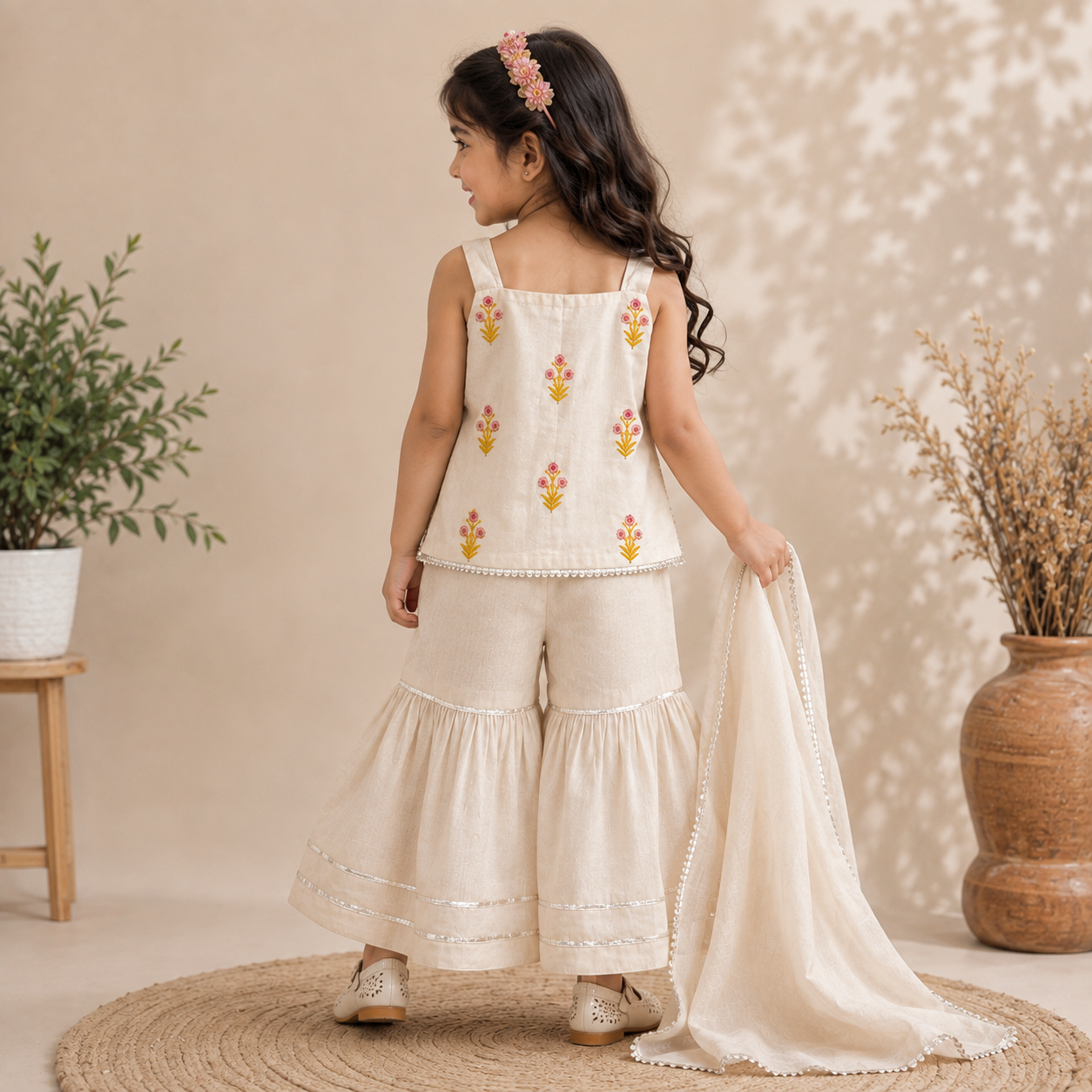 ORKIDS girls yellow ethnic kurta palazzo set with dupatta back view showing floral embroidery