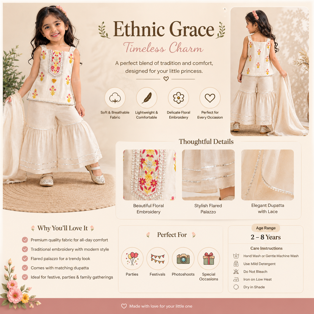 ORKIDS girls yellow embroidered ethnic palazzo set with dupatta product infographic