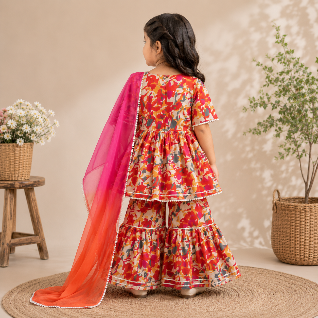 ORKIDS girls orange floral sharara set with dupatta back view