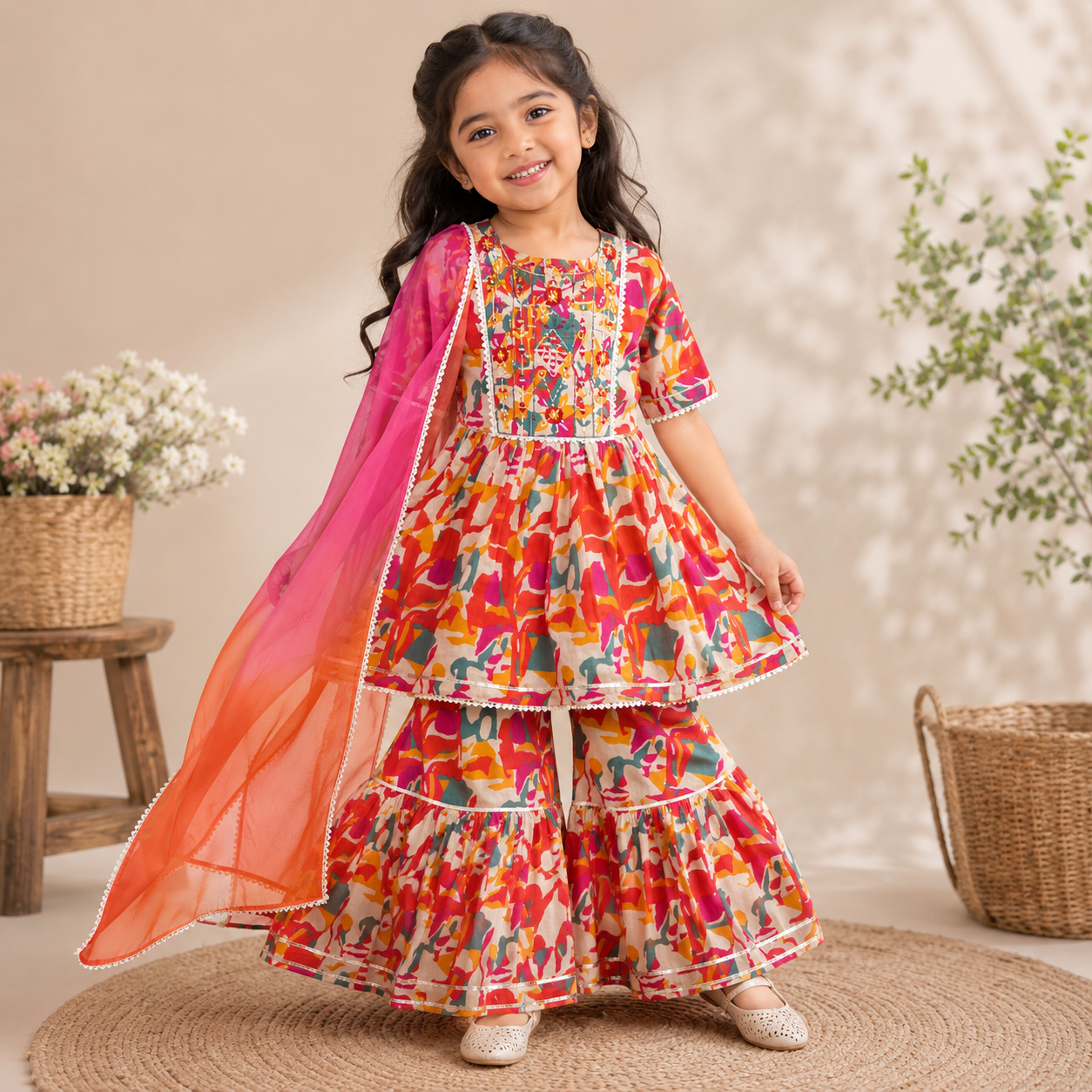 ORKIDS girls orange floral printed sharara set with dupatta front view
