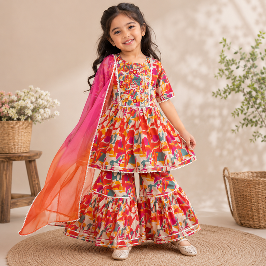 ORKIDS girls orange floral printed sharara set with dupatta front view