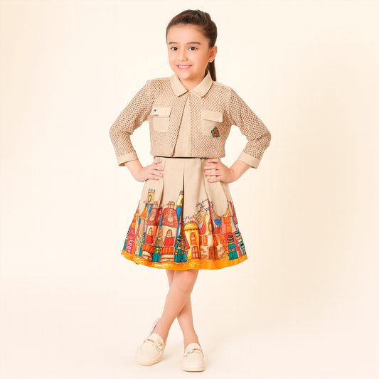 Girls Beige Shirt & Printed frock Dress – Stylish Party Wear Outfit - for  girls aged 2–12 years.