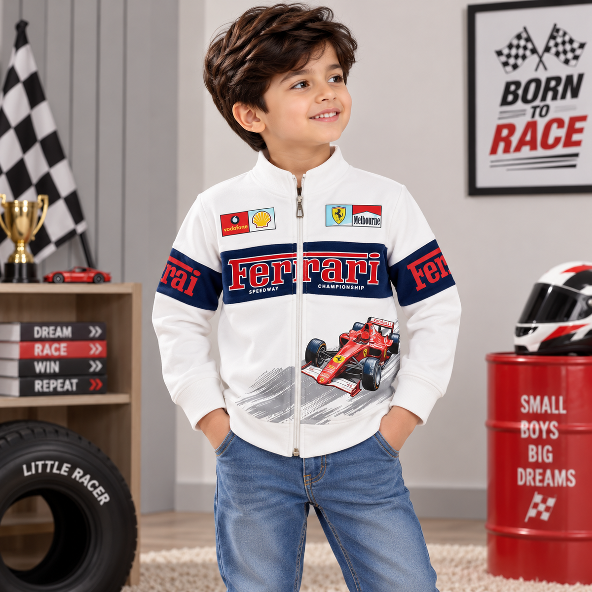 Red Sound boys white racing jacket front view with full zip, stand collar, racing graphics and navy-red sleeve bands