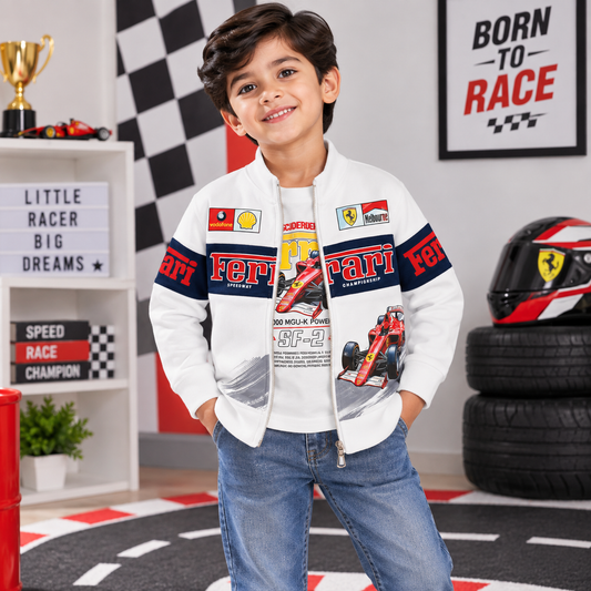Red Sound boys white racing jacket back view with large horse emblem graphic and navy-red sleeve detailing