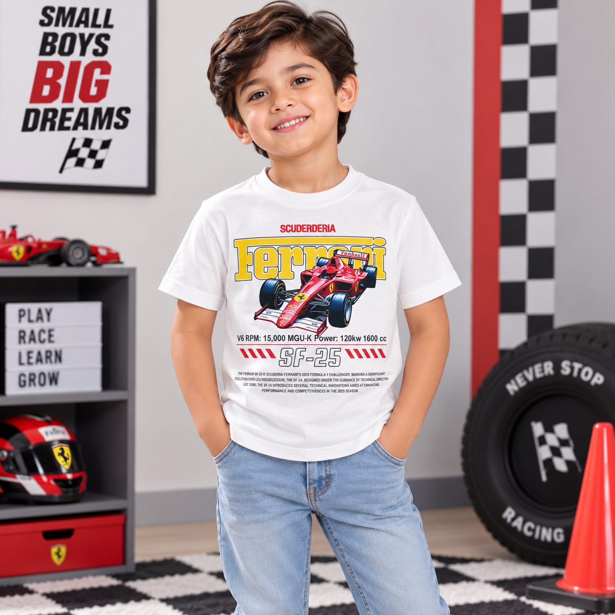 Red Sound boys white graphic T-shirt front view featuring a racing car print with red and yellow detailing