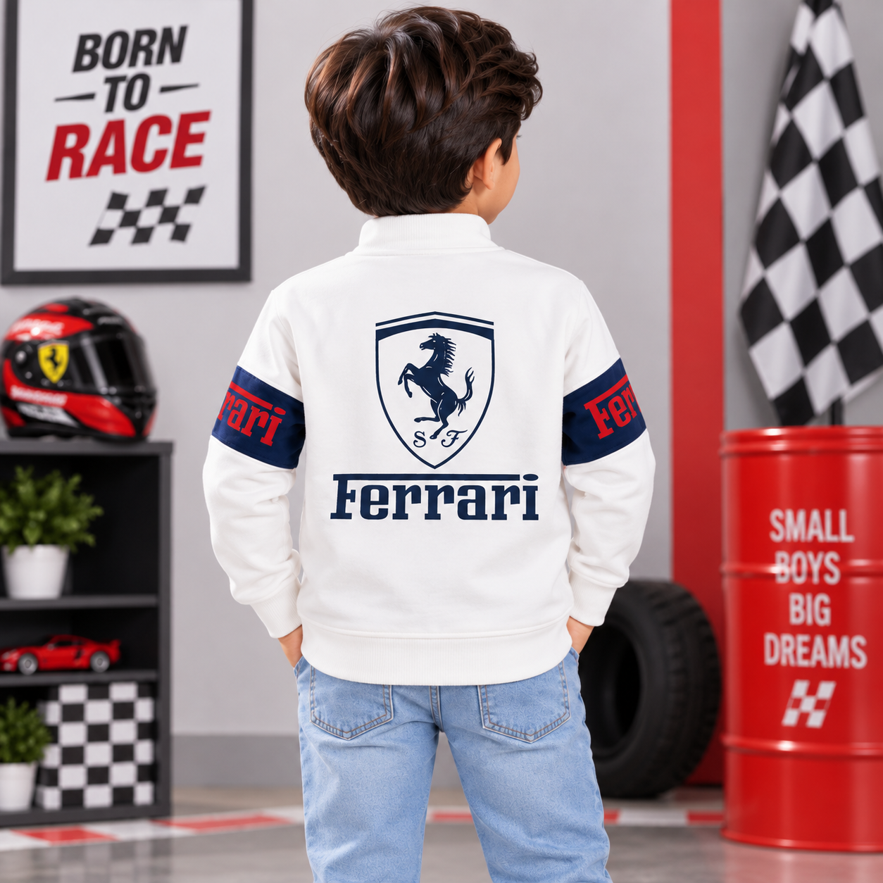 Red Sound boys white graphic T-shirt with racing car print, styled with blue jeans