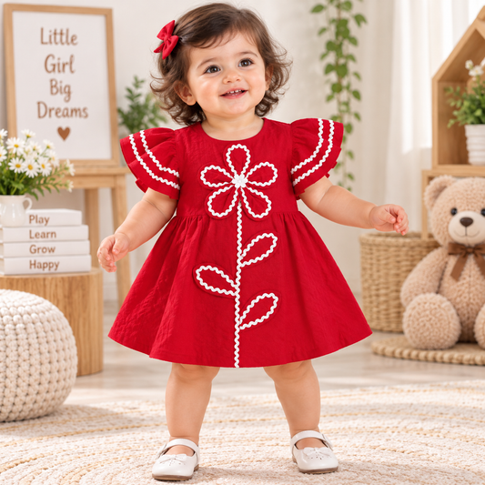 JUST TOTS red frock dress for baby girl with white floral applique and flutter sleeves, front view