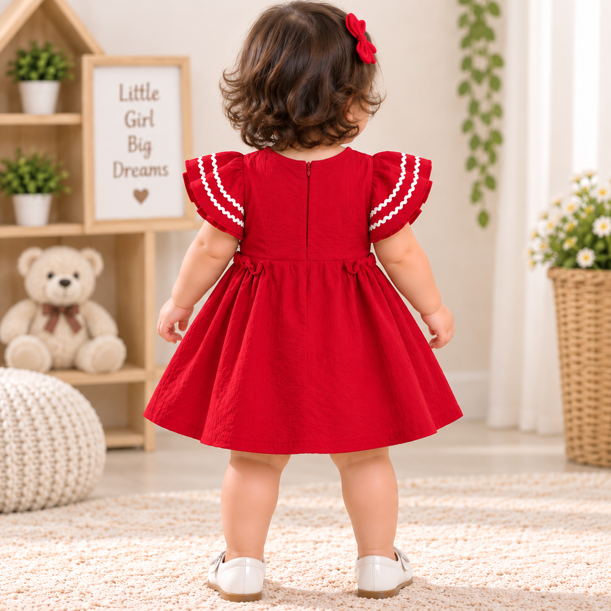 JUST TOTS red girls frock dress with back zipper and flutter sleeves, back view